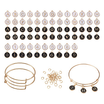 DIY Bangle Making Kits, with Adjustable Brass Expandable Bangle Making and Alloy Enamel Charms, Flat Round with Alphabet/Number, Mixed Color, 2-1/2 inch~2-7/8 inch(6.5~7.4cm), 2pcs/bag, Charm: 92pcs/bag