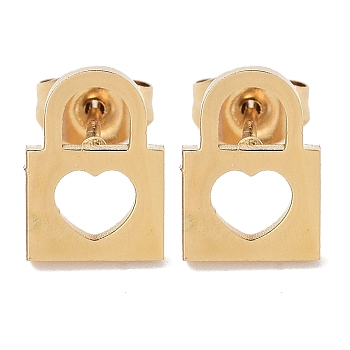 PVD Vacuum Plating 304 Stainless Steel Stud Earrings for Women, Golden, Lock, 10.5x7.5x1mm