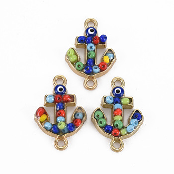 Alloy Enamel Links Connectors, with Glass Seed Beads, Light Gold, Anchor, Colorful, 22x15x4mm, Hole: 1.6mm