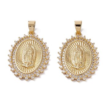 Brass Micro Pave Clear Cubic Zirconia Pendants, Long-Lasting Plated, Oval with Catholic, Real 18K Gold Plated, 32x22.5x3mm, Hole: 4.5x3.5mm
