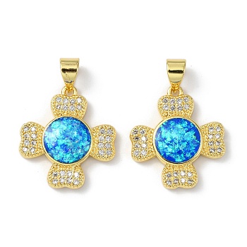 Brass Micro Pave Cubic Zirconia Pendants, with Synthetic Opal, Cross, Real 18K Gold Plated, 19x17x3.5mm, Hole: 4.5x4mm
