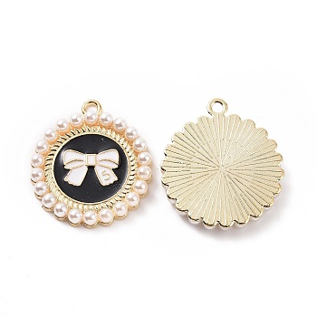 Alloy Enamel Pendants, with Plastic Imitation Pearl, Light Gold, Flat Round with Bowknot Charm, Black, 28x25x4mm, Hole: 2mm