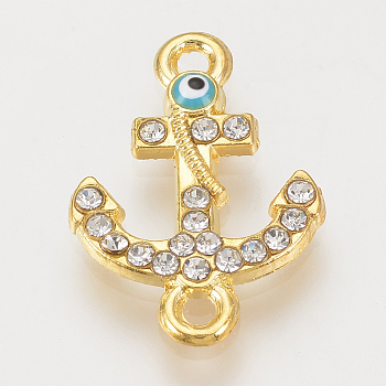 Alloy Rhinestone Links connectors, Cadmium Free & Lead Free, Anchor with Evil Eye, Sky Blue, Golden, 21x14.5x2mm, Hole: 1mm