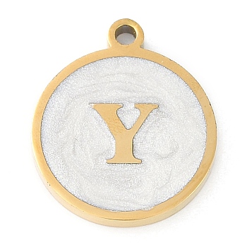 Ion Plating(IP) 201 Stainless Steel Pendants, with White Enamel, Real 18K Gold Plated, Flat Round with Letter, Letter Y, 18.5x15.5x2mm, Hole: 1.6mm