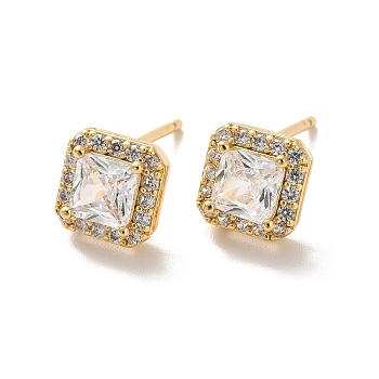 Clear Cubic Zirconia Square Stud Earrings, Long-Lasting Plated Brass Jewelry for Women, Cadmium Free & Lead Free, Real 18K Gold Plated, 8x8mm, Pin: 1mm