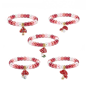 Red Glass Pearl Beaded Stretch Bracelet with Alloy Enamel Mushroom Charm for Women, Mixed Patterns, Inner Diameter: 2-1/8 inch(5.4cm)