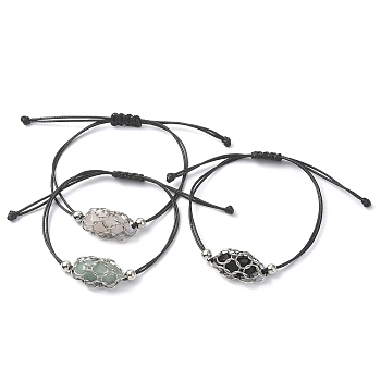 Natural Mixed Gemstone Bullet Link Bracelets, Black Briaded Waxed Polyester Cords Adjustable Bracelet, Inner Diameter: 3-3/8 inch(8.5cm)