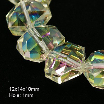 Electroplate Glass Beads, Half Plated, Faceted, Hexagon, Clear, 14x12x10mm, Hole: 1mm