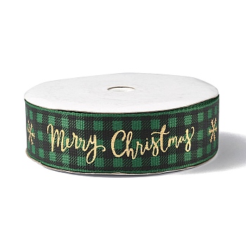 1 Roll Merry Christmas Printed Polyester Grosgrain Ribbons, Hot Stamping Flat Tartan Ribbons, Dark Green, 1 inch(25mm), about 20.00 Yards(18.29m)/Roll