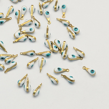 Antique Golden Plated Brass Enamel Charms, Teardrop with Eye, White, 11x4x4mm, Hole: 1mm