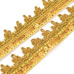 Sparkle Metallic Sequin Polyester Lace Trim, Single Edge with Waved Trimming, Gold, 30~31x1mm, about 14.22 Yards(13m)/Card(SRIB-WH0011-047)