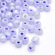 DIY Craft Beads 6/0 Ceylon Round Glass Seed Beads, Lilac, Size: about 4mm in diameter, hole:1.5mm, about 495pcs/50g(X-SEED-A011-4mm-146)