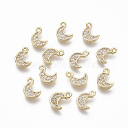 Brass Micro Pave Clear Cubic Zirconia Charms, Nickel Free, Moon, Real 18K Gold Plated, 9x6x1.5mm, Hole: 0.9mm(X-KK-R134-012-NF)