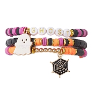 3Pcs Halloween Theme Handmade Polymer Clay Beaded Stretch Bracelets, with Alloy Enamel Ghost Spider Web Pendants, Mixed Color, Inner Diameter: 2-1/8~2-3/8 inch(5.4~6.1cm)(BJEW-TA00466)