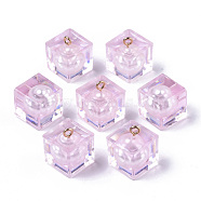 Transparent Epoxy Resin Pendants, with ABS Plastic Imitation Pearl Beads Inside and Golden Plated Iron Loop, Cube, Pink, 16x14x14mm, Hole: 2mm(X-CRES-N025-07B-07)