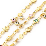 Enamel Star with Evil Eye & Brass Flat Round Link Chains, with Clear Glass Charms, Soldered, with Spools, Real 18K Gold Plated, Colorful, 11x6x2.7mm, 10.5x5.5x2.3mm(CHC-C003-01G-02)