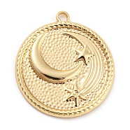 Brass Pendants, Flat Round with Moon & Star Charm, Real 18K Gold Plated, 25.5x23x2mm, Hole: 1.6mm(KK-Q789-41G)