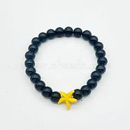 Men's Yoga Jewelry, Natural Black Stone Round Beads Stretch Bracelets, Starfish, Light Yellow(BK0782-1)