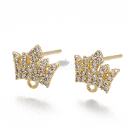 Brass Stud Earring Findings, with Loop, Cubic Zirconia, Nickel Free, Real 18K Gold Plated, Crown, Clear, 8x9mm, Hole: 0.8mm, Pin: 0.8mm(KK-T038-471G)