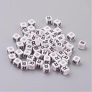 Acrylic Horizontal Hole Letter Beads, Cube, White, Letter R, Size: about 6mm wide, 6mm long, 6mm high, hole: about 3.2mm, about 2600pcs/500g(PL37C9308-R)