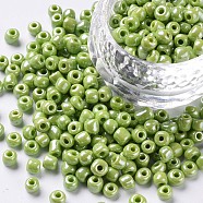 Glass Seed Beads, Opaque Colors Lustered, Round, Green Yellow, 4mm, Hole: 1.5mm, about 1000pcs/100g(X1-SEED-A012-4mm-124)