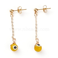 304 Stainless Steel Dangle Stud Earrings, with Ear Nuts, Brass Cable Chains and Handmade Evil Eye Lampwork Round Beads, Golden, Yellow, 40mm, Pin: 1mm(EJEW-JE04444-05)