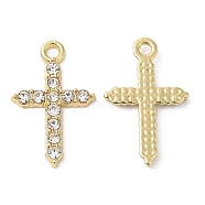 Alloy Rhinestone Pendants, Cross Charms, Golden, 19x12x2mm, Hole: 1.5mm(ALRI-P005-02G)