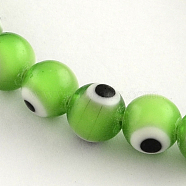 Round Handmade Evil Eye Lampwork Beads Strands, Lime Green, 8mm, Hole: 1mm, about 48pcs/strand, 13.7 inch(LAMP-R114-8mm-10)