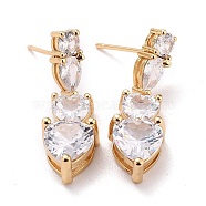 Heart Sparkling Cubic Zirconia Dangle Stud Earrings for Her, Brass Micro Pave Cubic Zirconia Earrings, Real 18K Gold Plated, 29x9x6mm, Pin: 0.8mm(ZIRC-C025-15G)