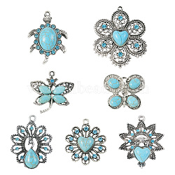 7Pcs 7 Style Alloy Pendants, with Synthetic Turquoise & Resin, Mixed Shapes, Antique Silver, 27.5~48x30~40.5x5.5~7mm, 1pc/style(FIND-TA0003-60)