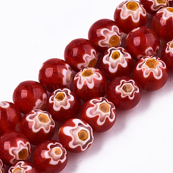 Handmade Millefiori Glass Beads Strands, Round, Red, 10mm, Hole: 1.2mm, about 36~38pcs/strand, 13.78 inch~14.88 inch(35cm~37.8cm)(LK-T001-10B)