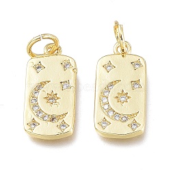 Brass Micro Pave Clear Cubic Zirconia Charms, with Jump Ring, Long-Lasting Plated, Rectangle with Star & Moon, Real 18K Gold Plated, 14x7.5x1.5mm, Jump Ring: 5x0.7mm, 3.6mm Inner Diameter(X-ZIRC-L076-054G)