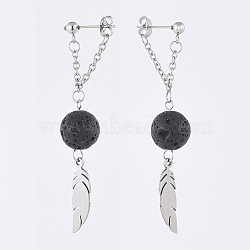 Natural Lava Rock Beads Dangle Ear Studs, with 304 Stainless Steel Ball Post & Pendants & Cable Chains & Ear Nuts, Wing, 68mm, Pin: 0.6mm(X-EJEW-JE03991-01)