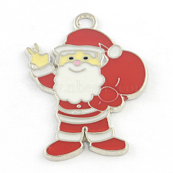 Alloy Christmas Santa Claus Enamel Pendants, Platinum, Red, 36.5x28x1.5mm, Hole: 3mm(ENAM-R041-06)