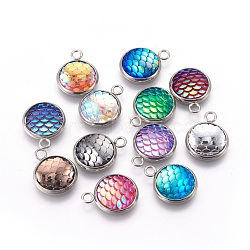 Resin Pendants, with 304 Stainless Steel Finding, Flat Round with Mermaid Fish Scale Shaped, Stainless Steel Color, Mixed Color, 18x14x3.5mm, Hole: 2mm(RESI-L024-M)