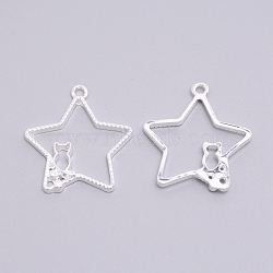 Alloy Open Back Bezel Pendants, for DIY UV Resin, Epoxy Resin, Pressed Flower Jewelry, Cadmium Free & Lead Free, Star with Cat, Silver, 32x29x3mm, Hole: 2mm(PALLOY-WH0072-88S-RS)