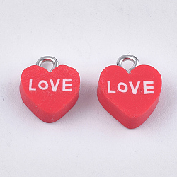 Handmade Polymer Clay Charms, with Iron Findings, Heart with Love, Platinum, For Valentine's Day, Red, 12~13x10~10.5x4~4.5mm, Hole: 1.8mm(X-CLAY-S091-92)
