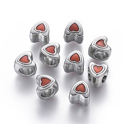 Alloy European Beads, Mother's Day Gifts Making, Enamel, Platinum Color, Lead Free and Cadmium Free, Red Heart, 9mm long, 8.5mm wide, 9mm thick, hole: 4.5mm(LFD8290Y-2)
