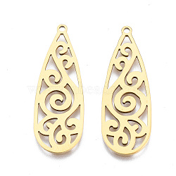 Ion Plating(IP) 201 Stainless Steel Pendants, Laser Cut, Teardrop, Golden, 34x12x1mm, Hole: 1.4mm(X-STAS-T044-234G)