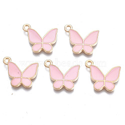 Alloy Enamel Pendants, Cadmium Free & Lead Free, Butterfly, Light Gold, Pink, 15x17x2mm, Hole: 1.6mm(X-ENAM-T016-23D-RS)