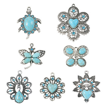 7Pcs 7 Style Alloy Pendants, with Synthetic Turquoise & Resin, Mixed Shapes, Antique Silver, 27.5~48x30~40.5x5.5~7mm, 1pc/style
