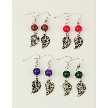 Dangle Leaf Earrings, with Tibetan Style Pendant, Glass Beads and Brass Earring Hook, Mixed Color, 48mm