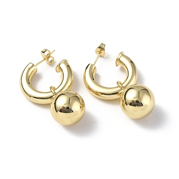 Brass Ring with Ball Dangle Stud Earrings, Brass Half Hoop Earrings for Women, Real 18K Gold Plated, 35mm, Pin: 0.8mm