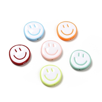 Opaque Acrylic Beads, with Enamel, Flat Round with Smiling Face, Mixed Color, 24x5mm, Hole: 1.6mm