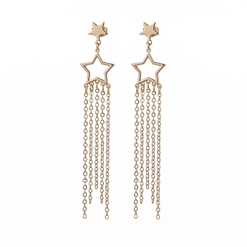Brass Star with Tassel Dangle Chandelier Earrings, 304 Stainless Steel Long Drop Earrings for Women, Golden, 75mm, Pin: 0.8mm