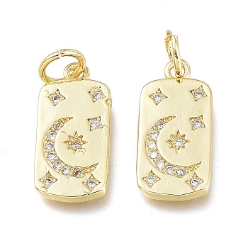 Brass Micro Pave Clear Cubic Zirconia Charms, with Jump Ring, Long-Lasting Plated, Rectangle with Star & Moon, Real 18K Gold Plated, 14x7.5x1.5mm, Jump Ring: 5x0.7mm, 3.6mm Inner Diameter