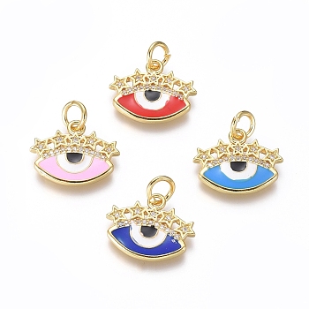 Brass Clear Micro Pave Cubic Zirconia Pendants, with Mixed Color Enamel, Evil Eye and Star, Golden, 14x18x2mm, Hole: 4mm