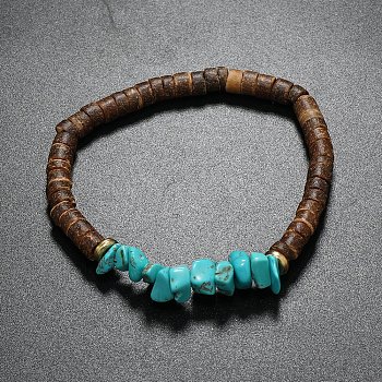 Synthetic Turquoise Chips & Coconut Disc Beaded Stretch Bracelets, Inner Diameter: 2-1/8 inch(5.5cm)