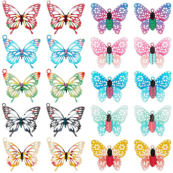SUNNYCLUE Printed Brass Pendants, Etched Metal Embellishments, Butterfly, Mixed Color, 15.5~16.5x19x0.3mm, Hole: 1~1.5mm, 40pcs/box
