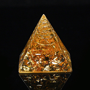 Orgonite Pyramid Resin Display Decorations, with Brass Findings, Gold Foil and Natural Citrine Chips Inside, for Home Office Desk, 30mm